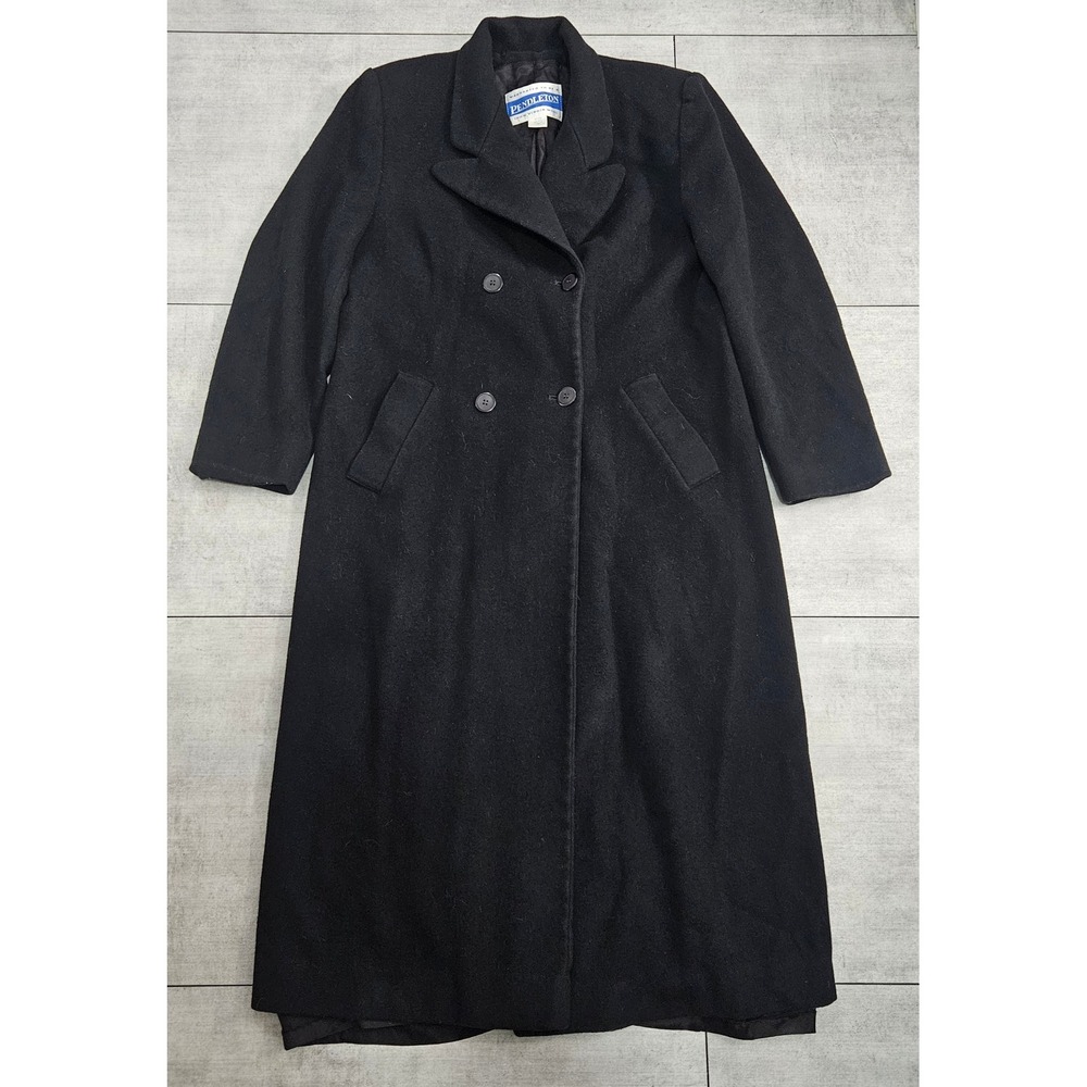 Vtg Pendleton Women Black Virgin Wool Double Breasted Long Trench Coat Size 12